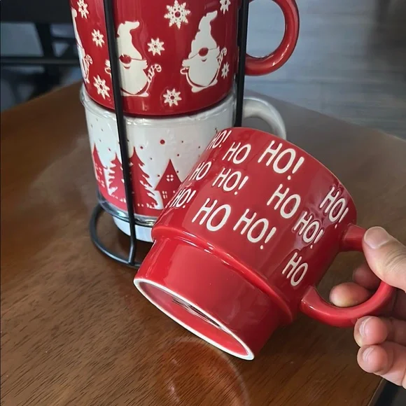 NEW stackable Festive Red and White Holiday Mug Set with cup holder - Picture 3 of 5